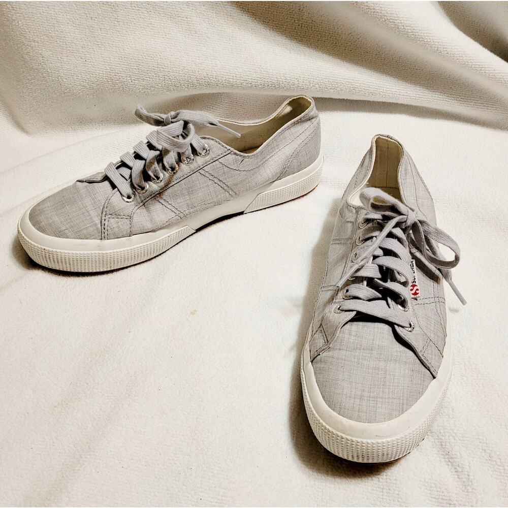 Superga grey linen lace up low top sneakers Size 39.5 womens Minimal Coastal